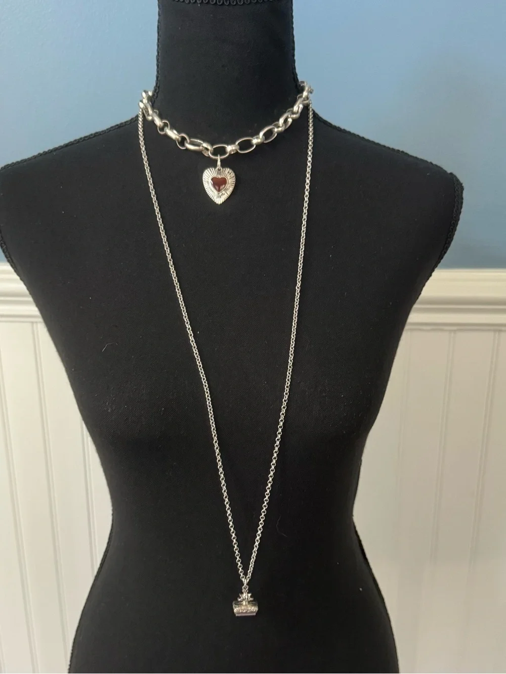NEW Free People Zehnder Layer Necklace Silver Tone Heart Charm Double Chain Ring